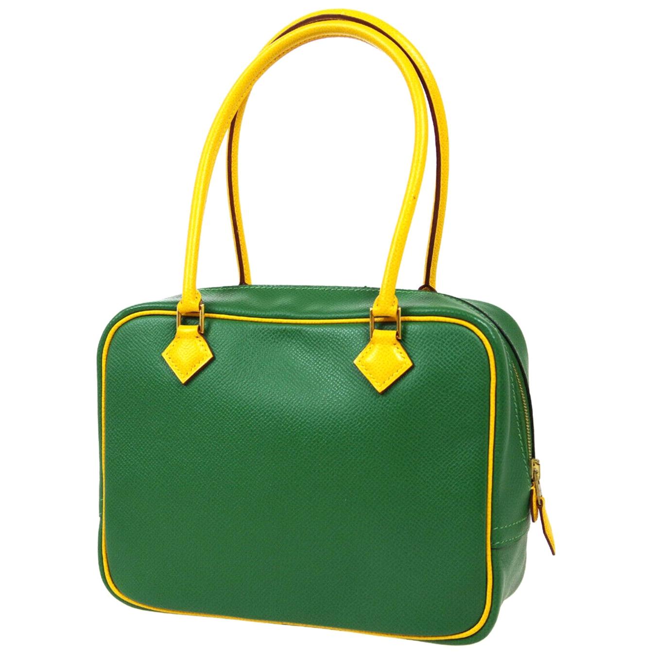 Hermes Green Yellow Leather Gold Evening Top Handle Satchel Bag