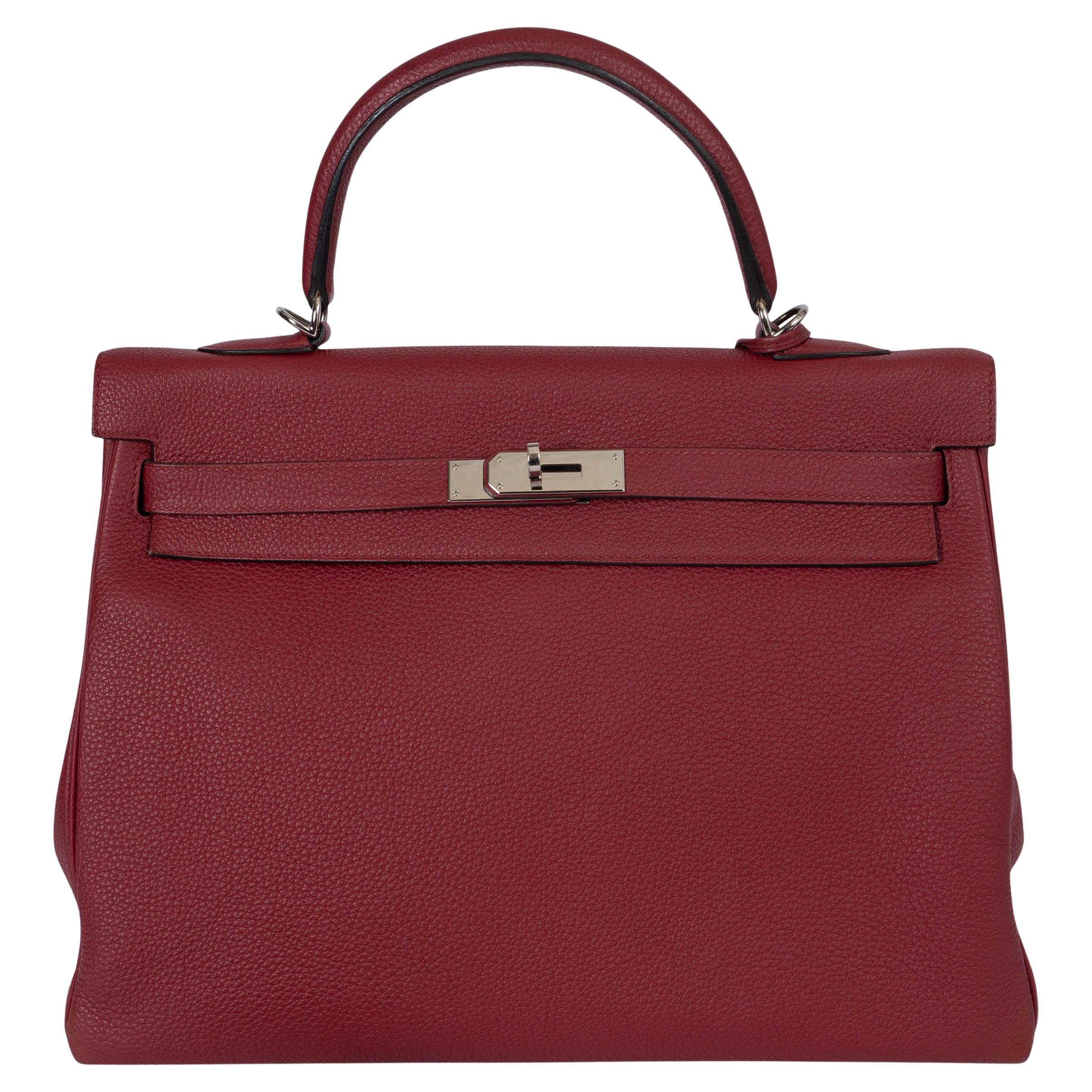 HERMES Grenat red Clemence leather KELLY 35 RETOURNE Bag Phw For Sale