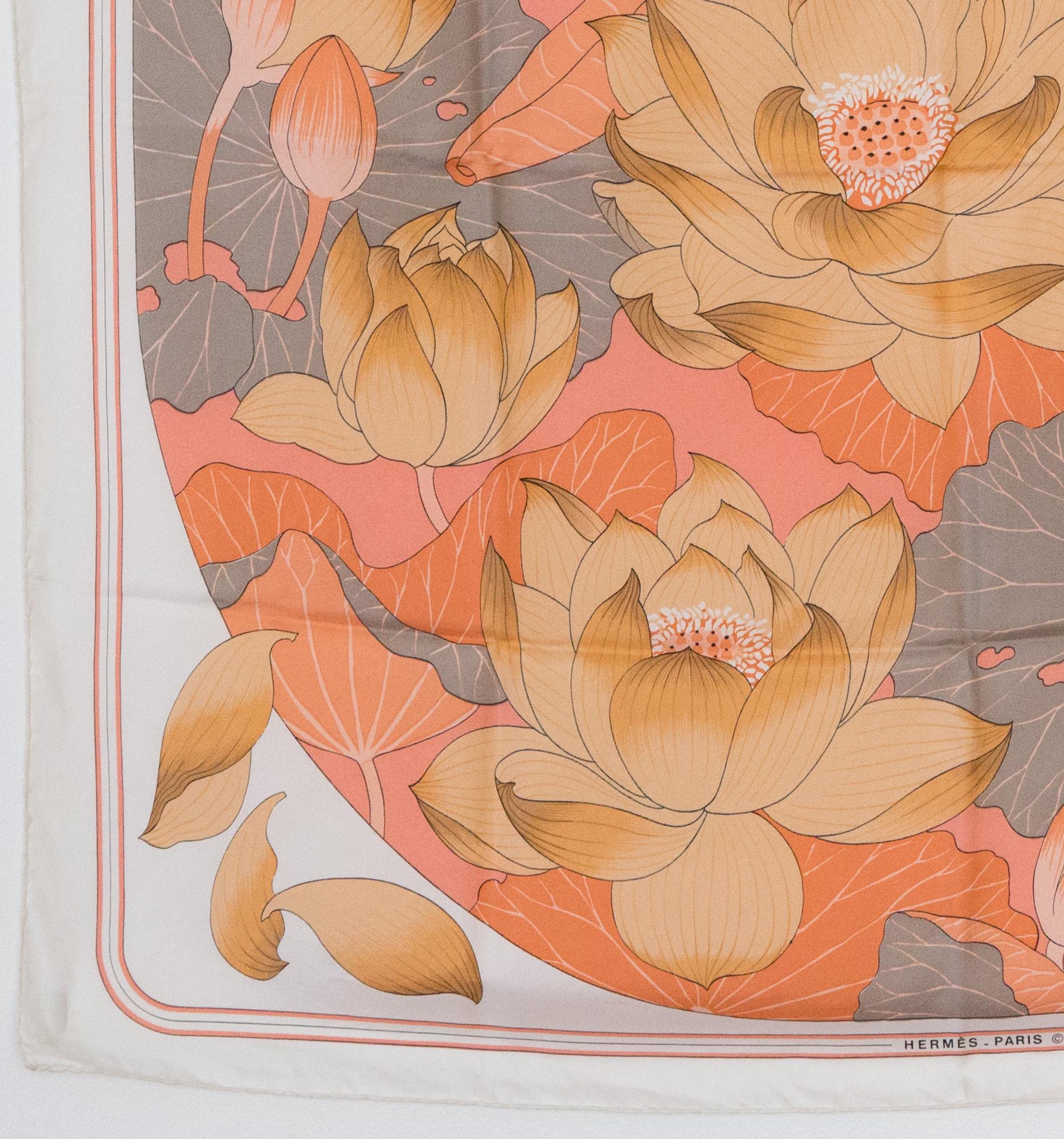 Hermes Grey and Beige Fleurs de Lotus by Christiane Vauzelle Silk Scarf In Excellent Condition In Paris, FR