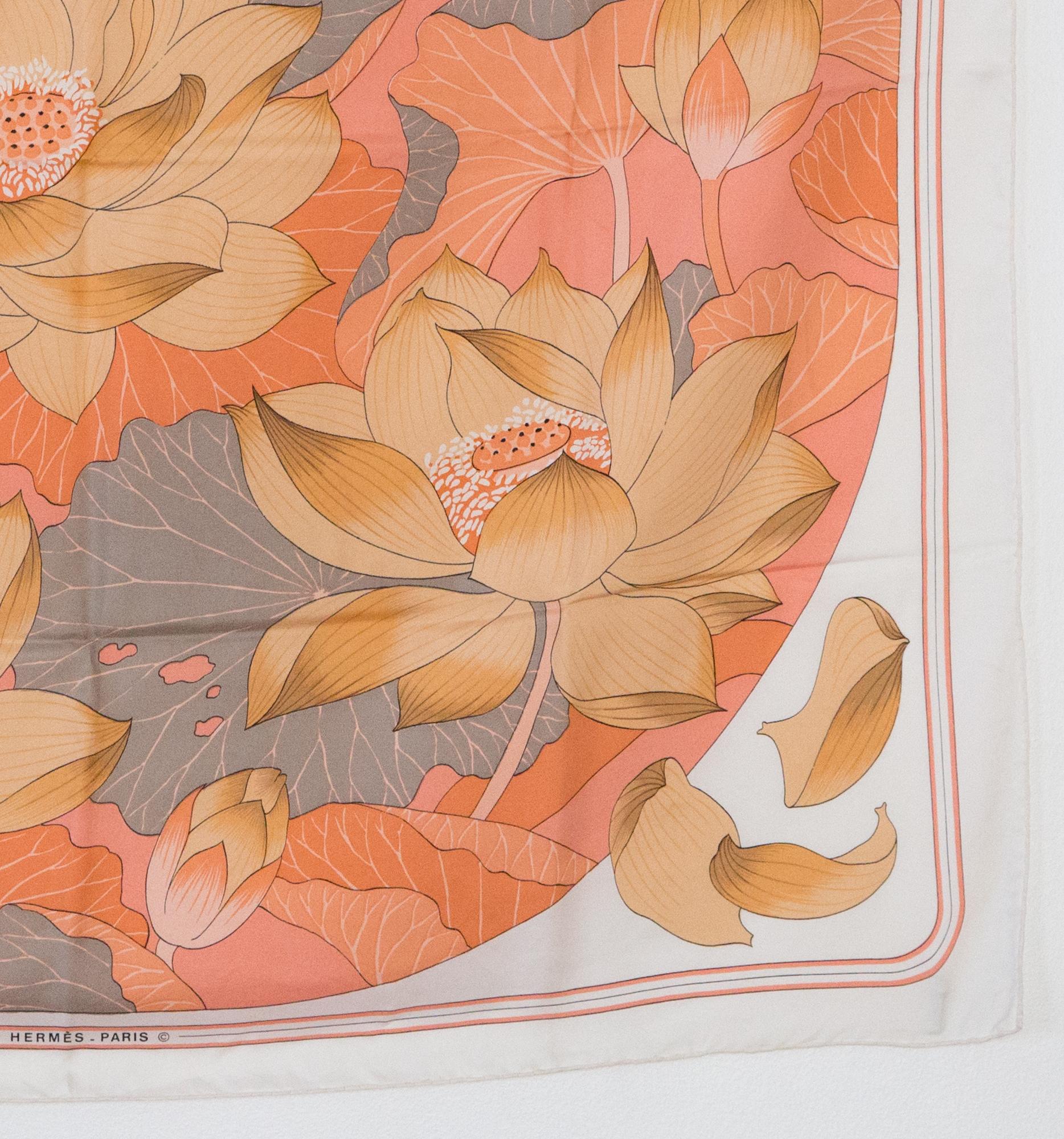 Women's or Men's Hermes Grey and Beige Fleurs de Lotus by Christiane Vauzelle Silk Scarf