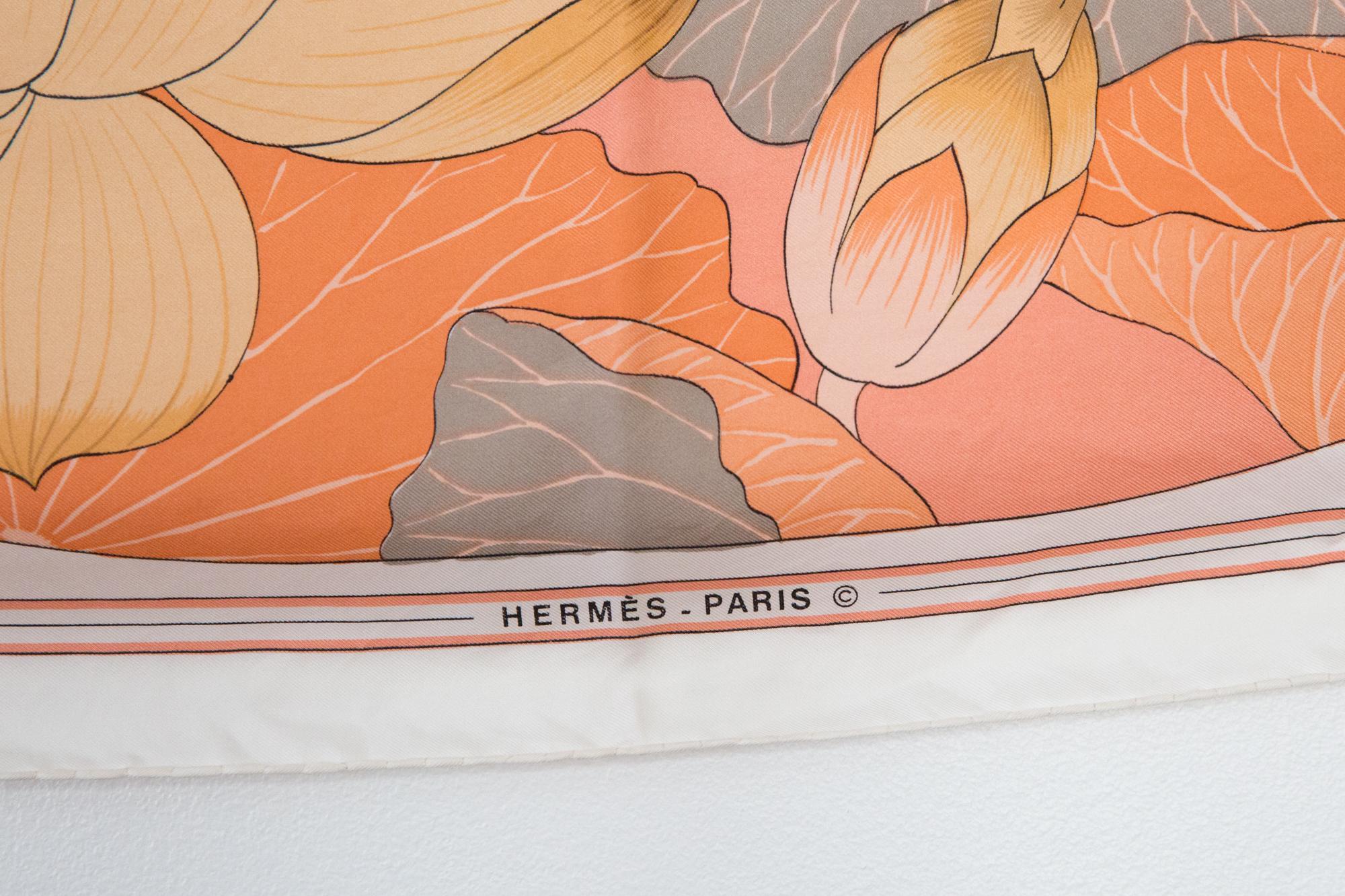 Hermes Grey and Beige Fleurs de Lotus by Christiane Vauzelle Silk Scarf 1