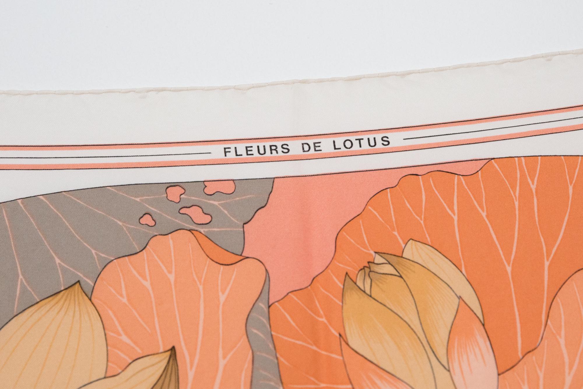 Hermes Grey and Beige Fleurs de Lotus by Christiane Vauzelle Silk Scarf 2