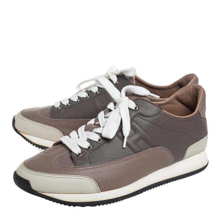 Hermes Grey/Beige Leather Trial Low Top Sneakers Size 40 at 1stDibs