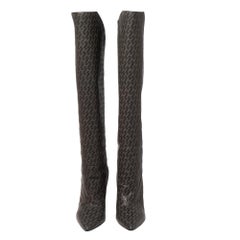 Hermes Grey/Black Monogram Leather Wedge Over The Knee Boots Size 37