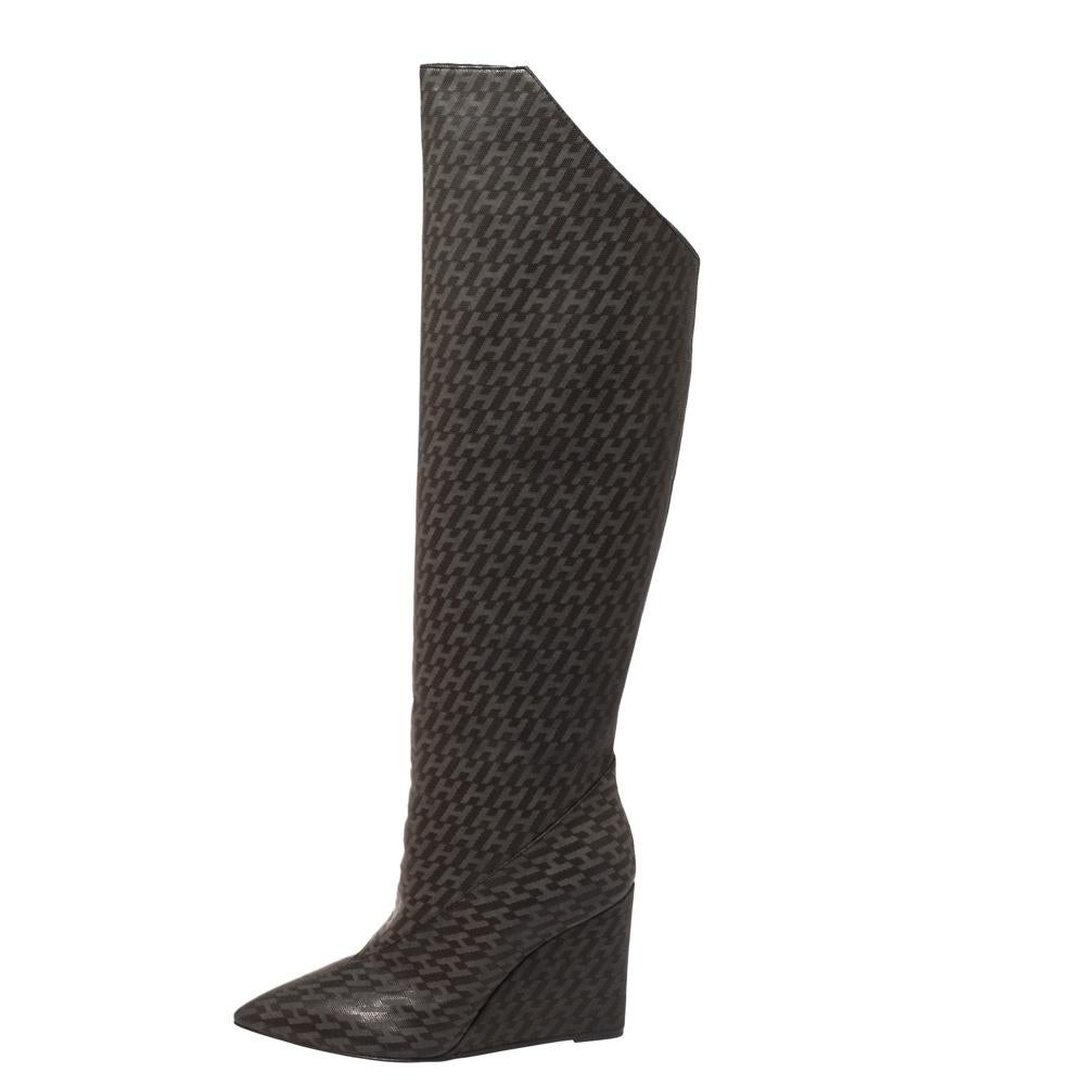 Women's Hermes Grey/Black Monogram Leather Wedge Over The Knee Boots Size 37