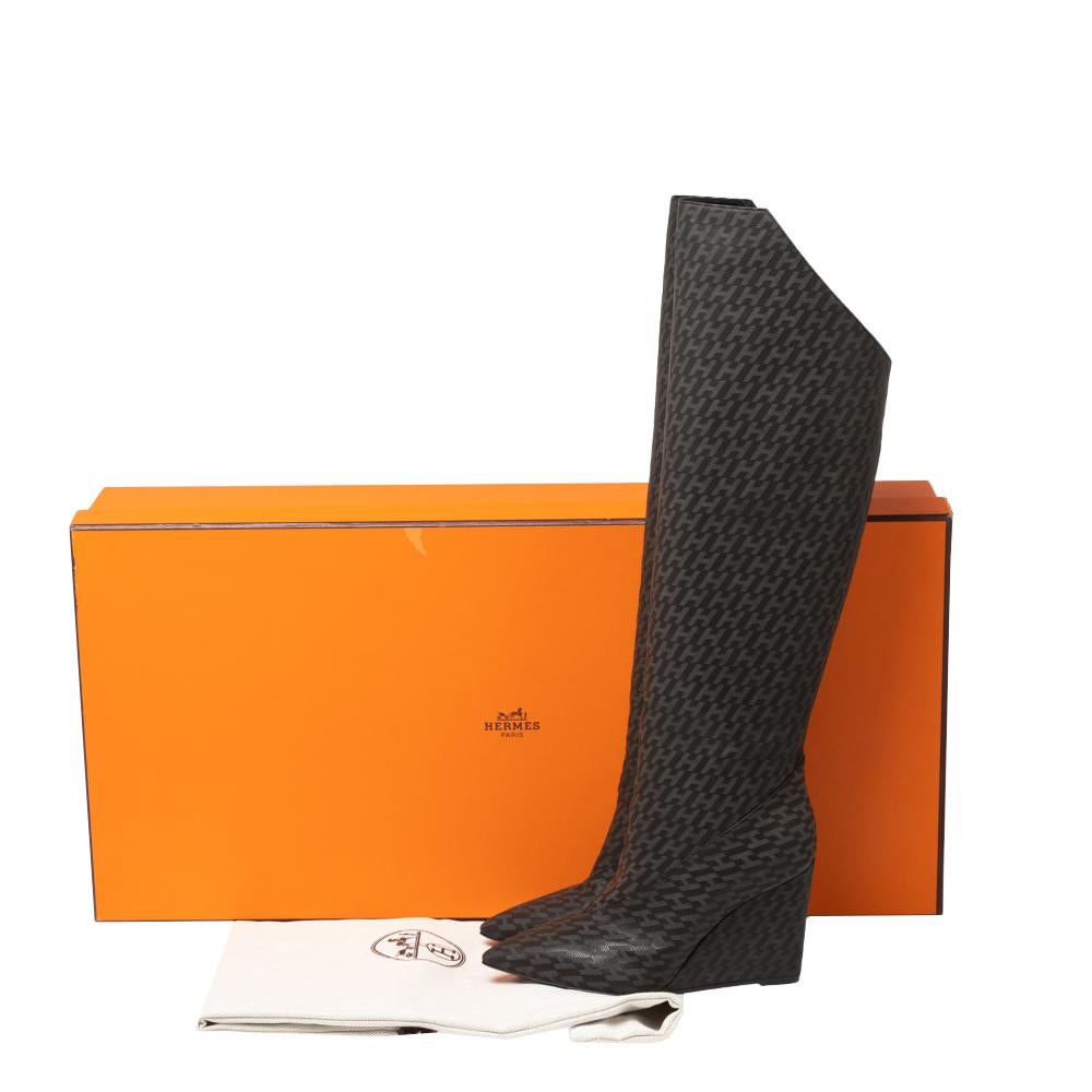 Hermes Grey/Black Monogram Leather Wedge Over The Knee Boots Size 37 3