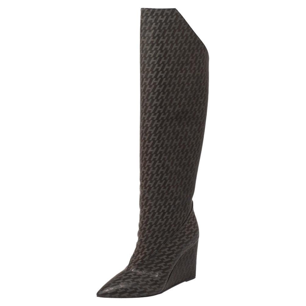 Hermes Grey/Black Monogram Leather Wedge Over The Knee Boots Size 37