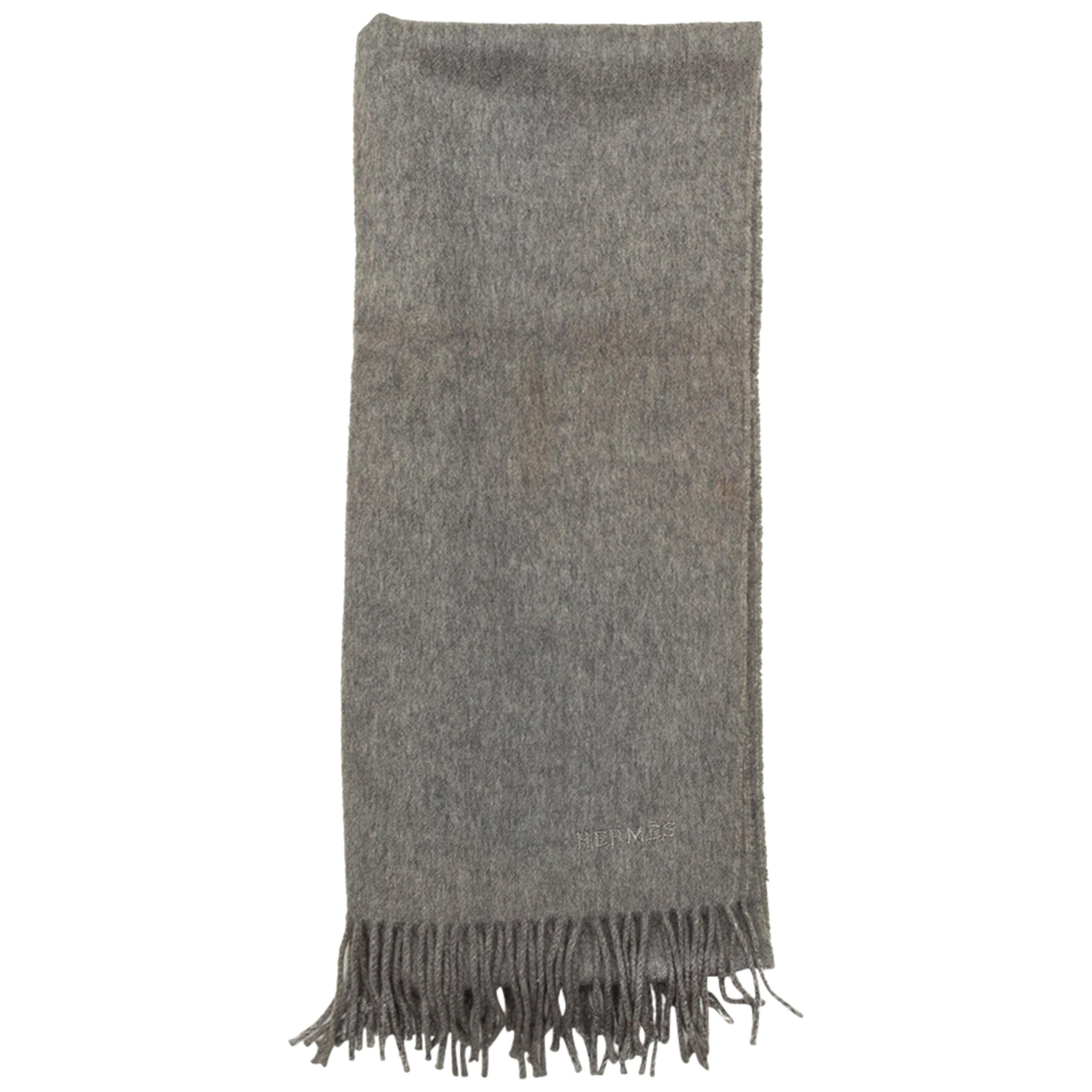 Hermes Grey Cashmere Fringe-Trimmed Scarf