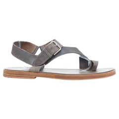 HERMES grey distressed leather toe ring strappy flat sandals EU43