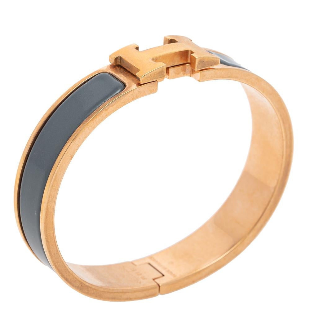 Hermes Grey Enamel Gold Plated Clic H Bracelet In Good Condition In Dubai, Al Qouz 2