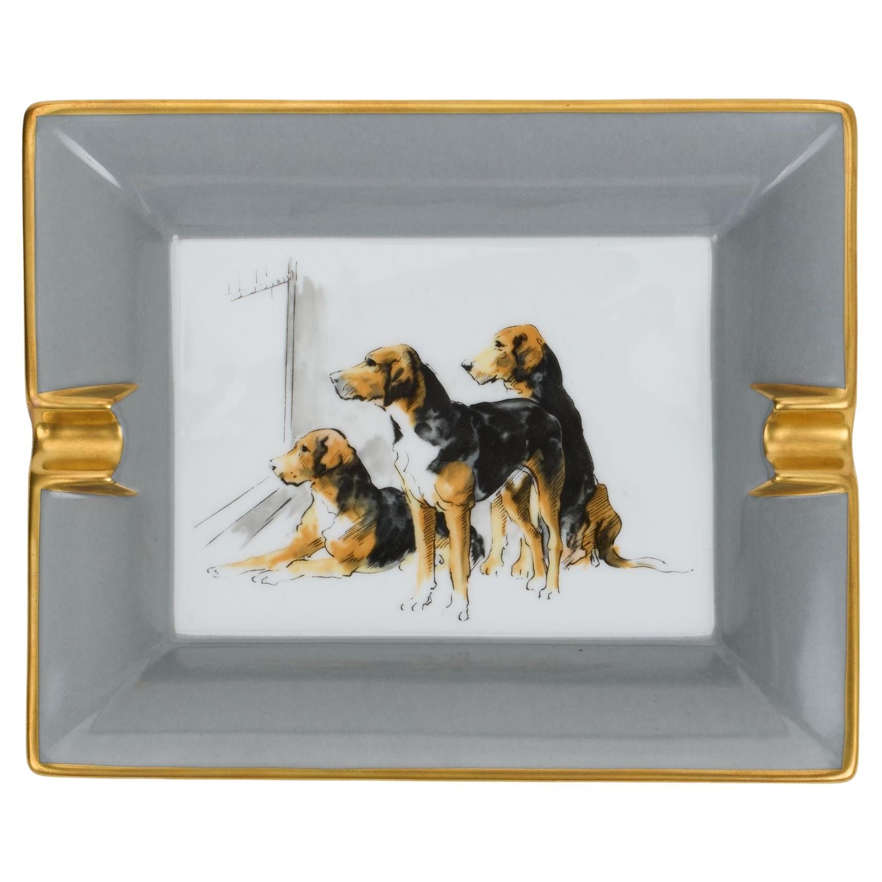 Hermès Grey Gold Dog Porcelain Ashtray For Sale