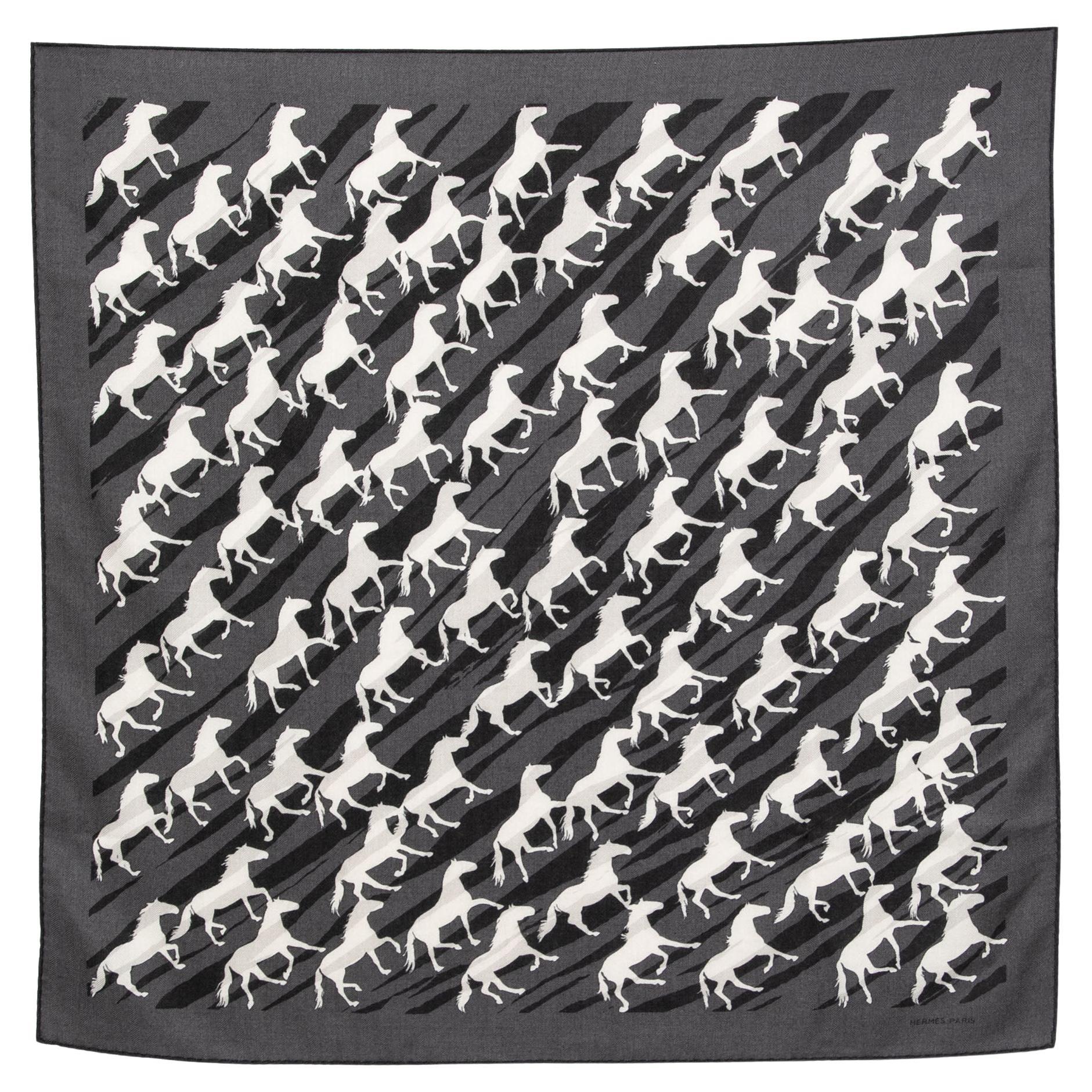 Hermès Grey Horse Print Cashmere Scarf