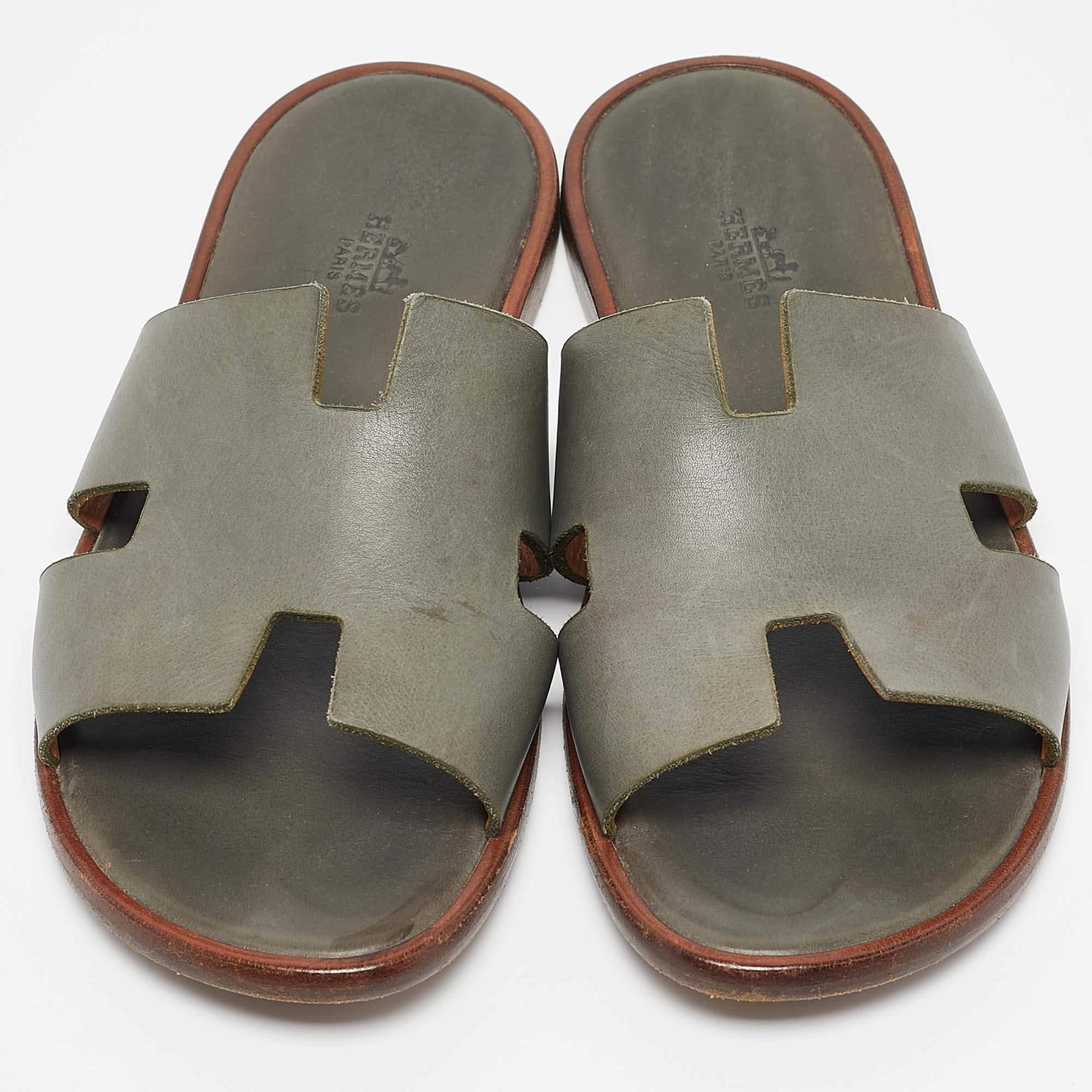 Gray Hermes Grey Leather Izmir Flat Sandals Size 40