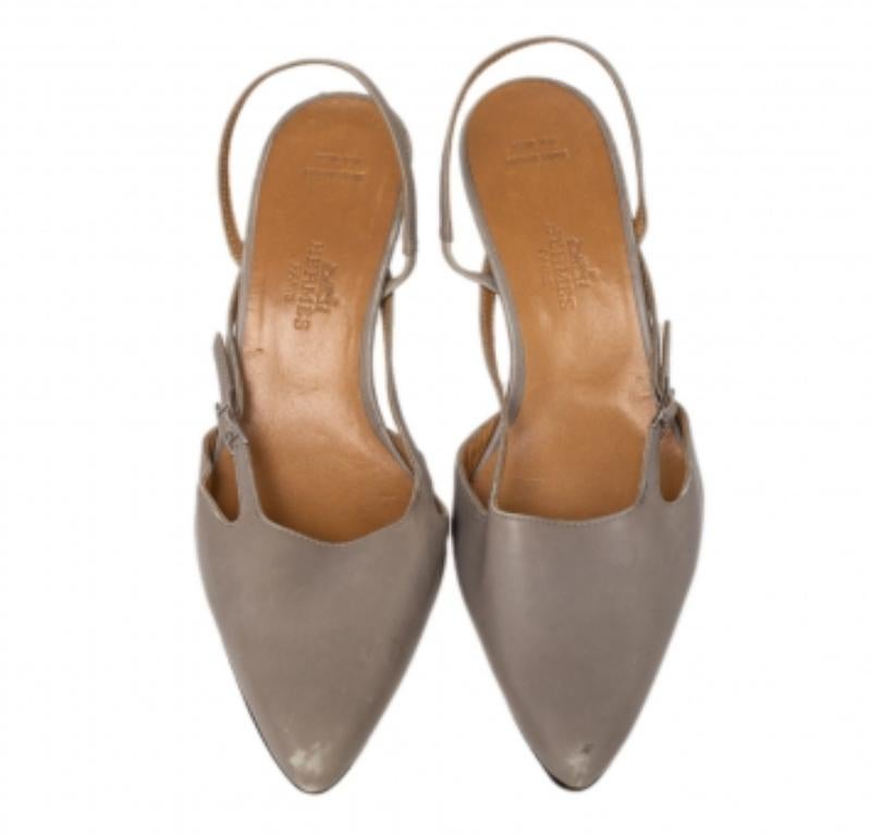 Brown Hermes Grey Leather Pointed Toe Silngback Sandals Size 37.5