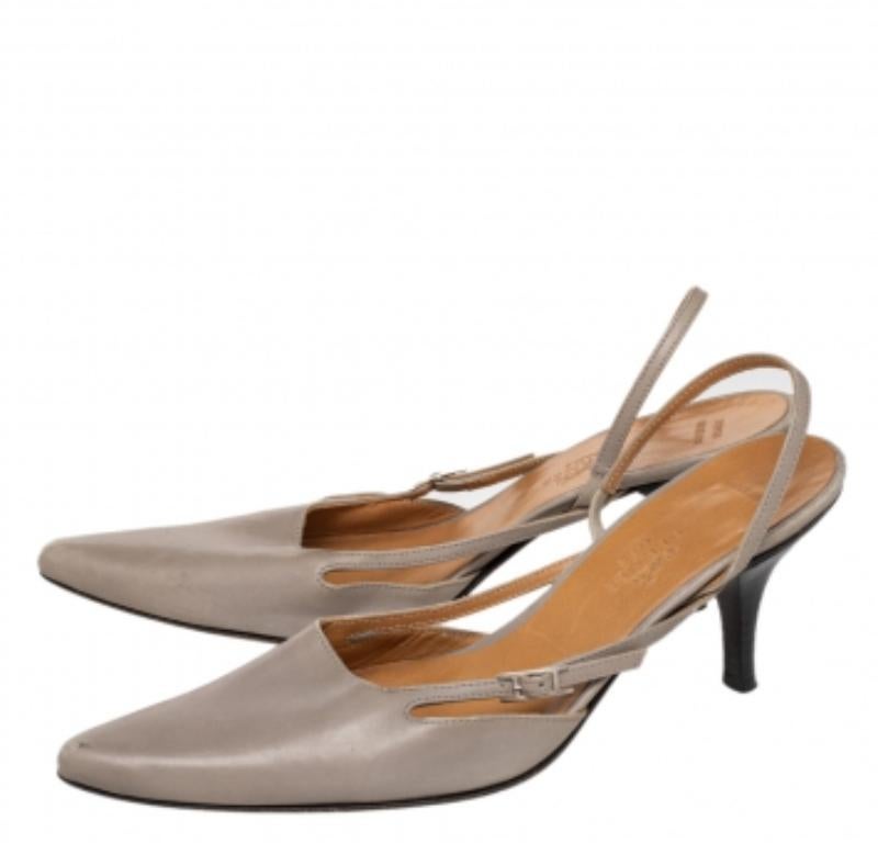 Hermes Grey Leather Pointed Toe Silngback Sandals Size 37.5 1