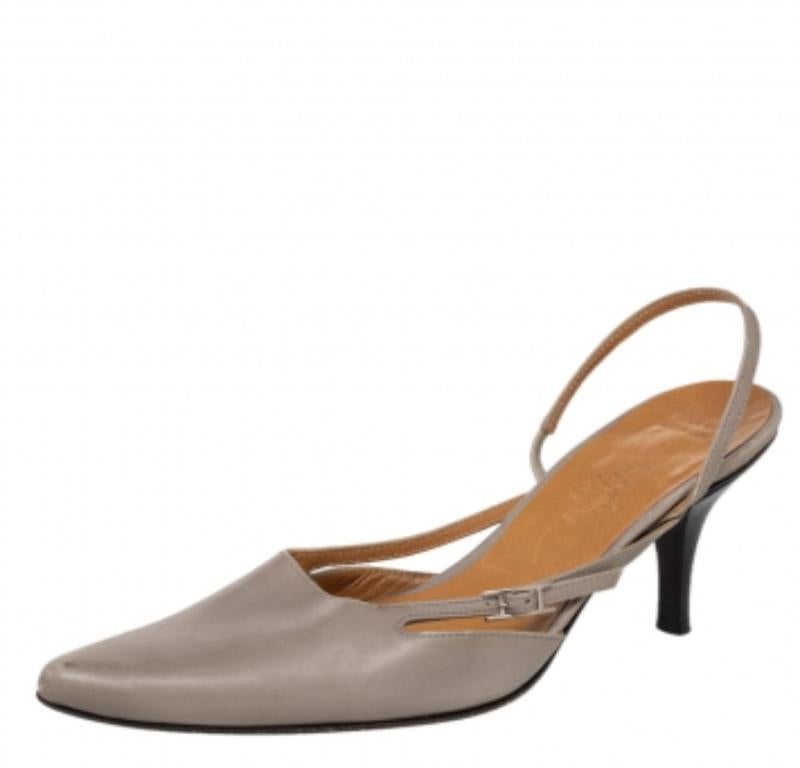 Hermes Grey Leather Pointed Toe Silngback Sandals Size 37.5 2