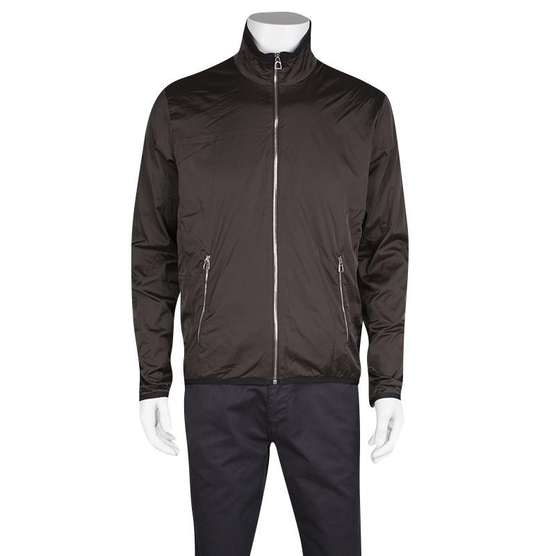 Become a trendsetter and make a fashion statement with this wonderful jacket from Hermes. The jacket is made of quality nylon and designed with long sleeves, and a full front zipper. This creation is perfect to keep you on-style throughout the