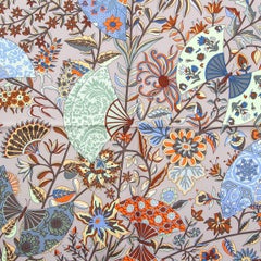 Hermes grey orange blue FLEURS ET PAPILLONS DE TISSUS 90 TWILL Scarf silk