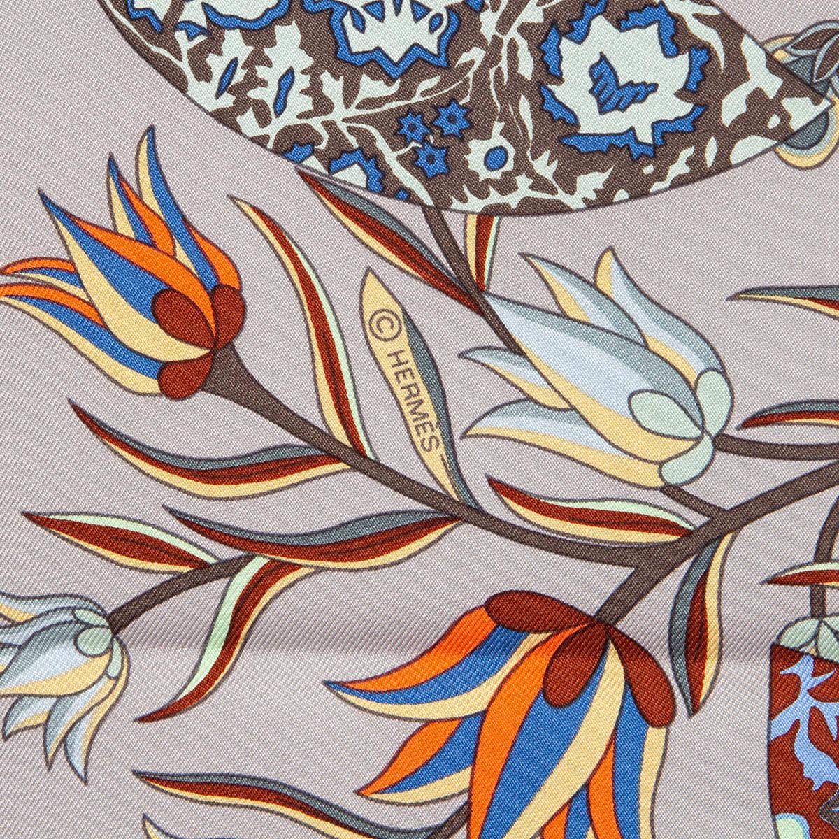 Women's or Men's Hermes grey orange blue FLEURS ET PAPILLONS DE TISSUS 90 TWILL Scarf silk