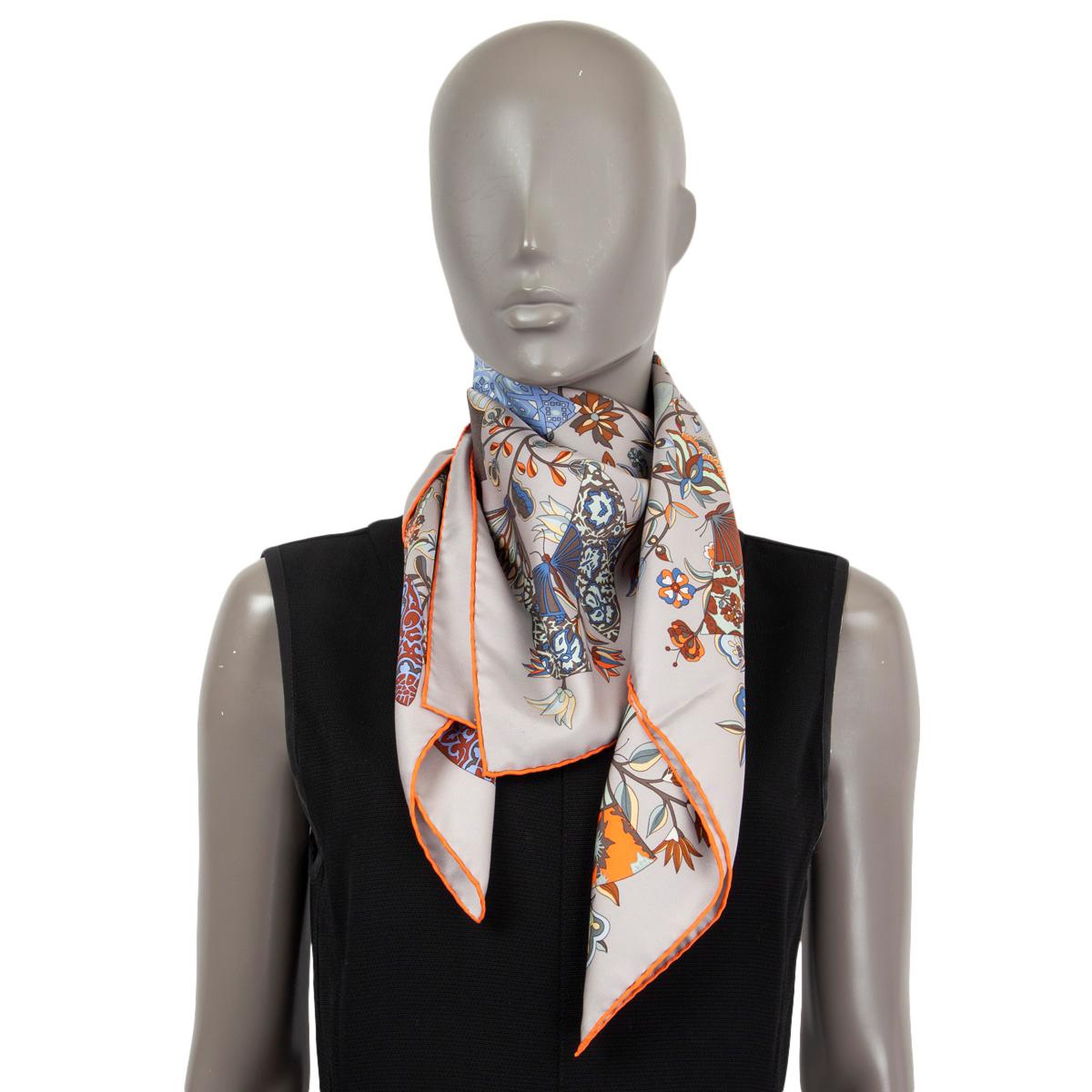 Hermes grey orange blue FLEURS ET PAPILLONS DE TISSUS 90 TWILL Scarf silk 3