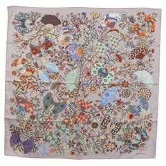 Hermes grey orange blue FLEURS ET PAPILLONS DE TISSUS 90 TWILL Scarf silk 