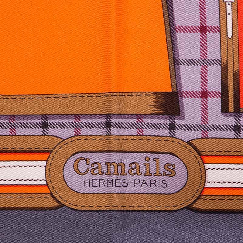Hermes 'Camails 90' scarf designed by Francoise De La Perriere in grey, neon orange, papaya, burgundy, ocre and white Silk Twill (100%). Brand new.

Width 90cm (35.1in)
Height 90cm (35.1in)