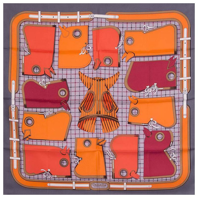 Hermes grey orange CAMAILS 90 silk twill Scarf