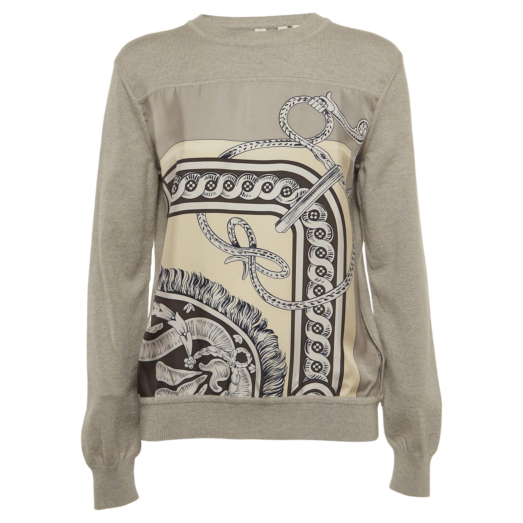 Hermes Grey Printed Silk and Cashmere Crew Neck Sweatshirt M For Sale