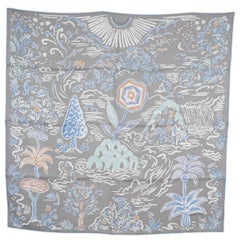 HERMES grey silk ISOLA DI PRIMAVERA Scarf Gris Claire Bleu Pale Blanc