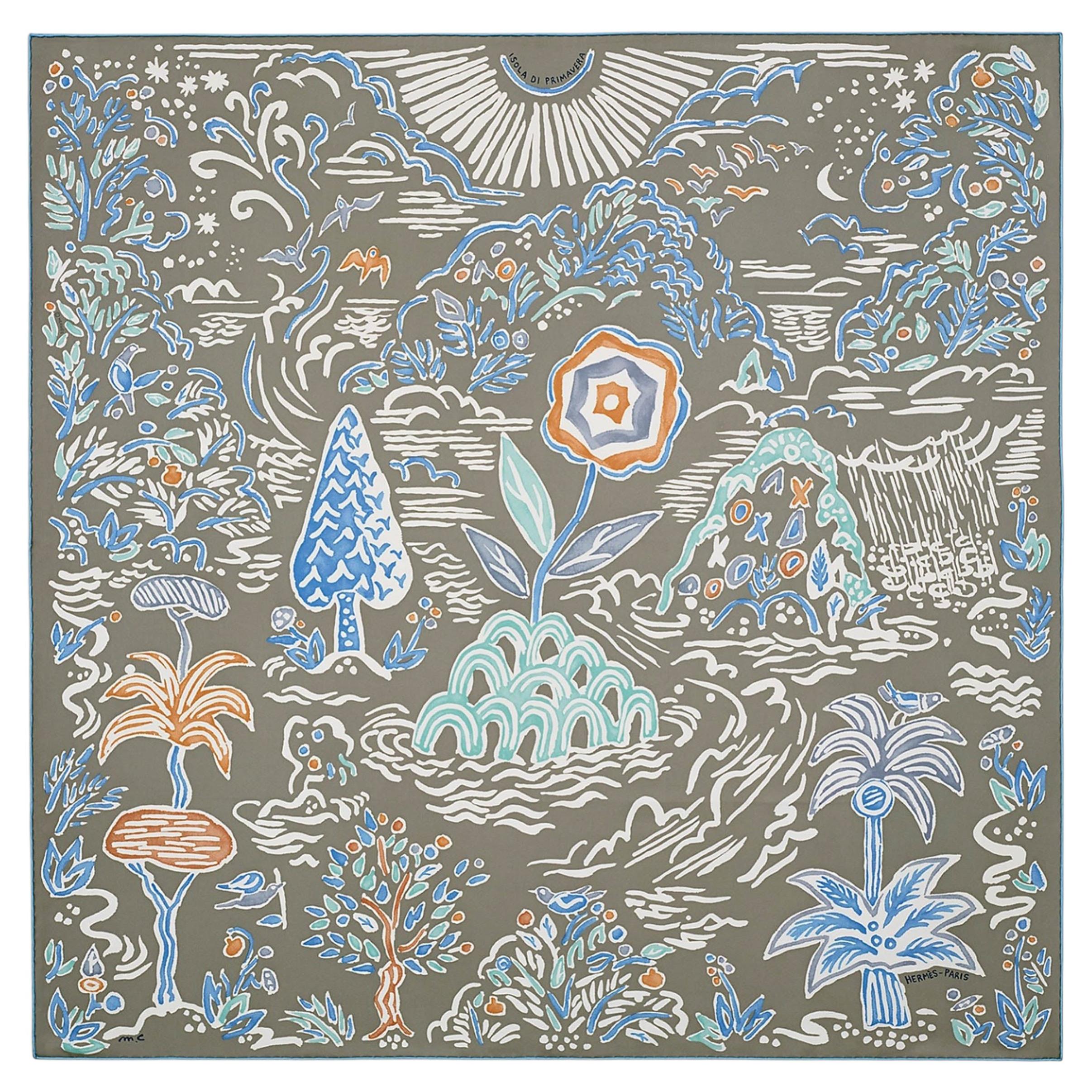 HERMES grauer Seidenschal „ISOLA DI PRIMAVERA“ in den Farben Gris, Claire, Bleu, Pale und Blanc