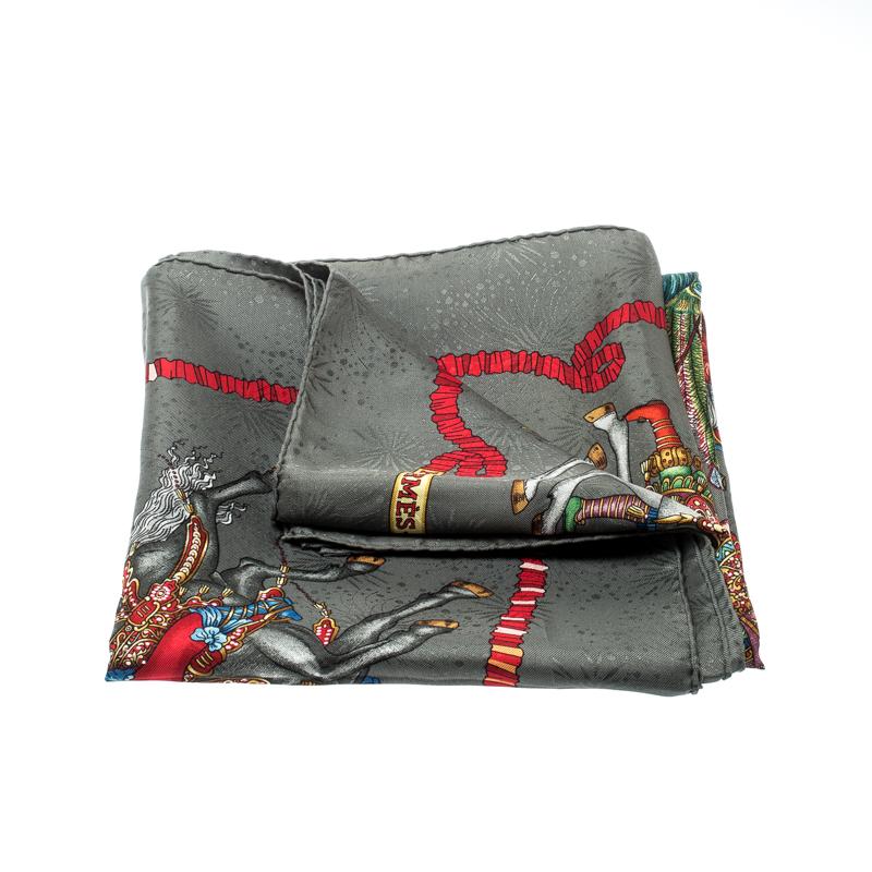 Hermes Grey Silk Jacquard Les Fetes Du Roi Soleil Square Scarf 2
