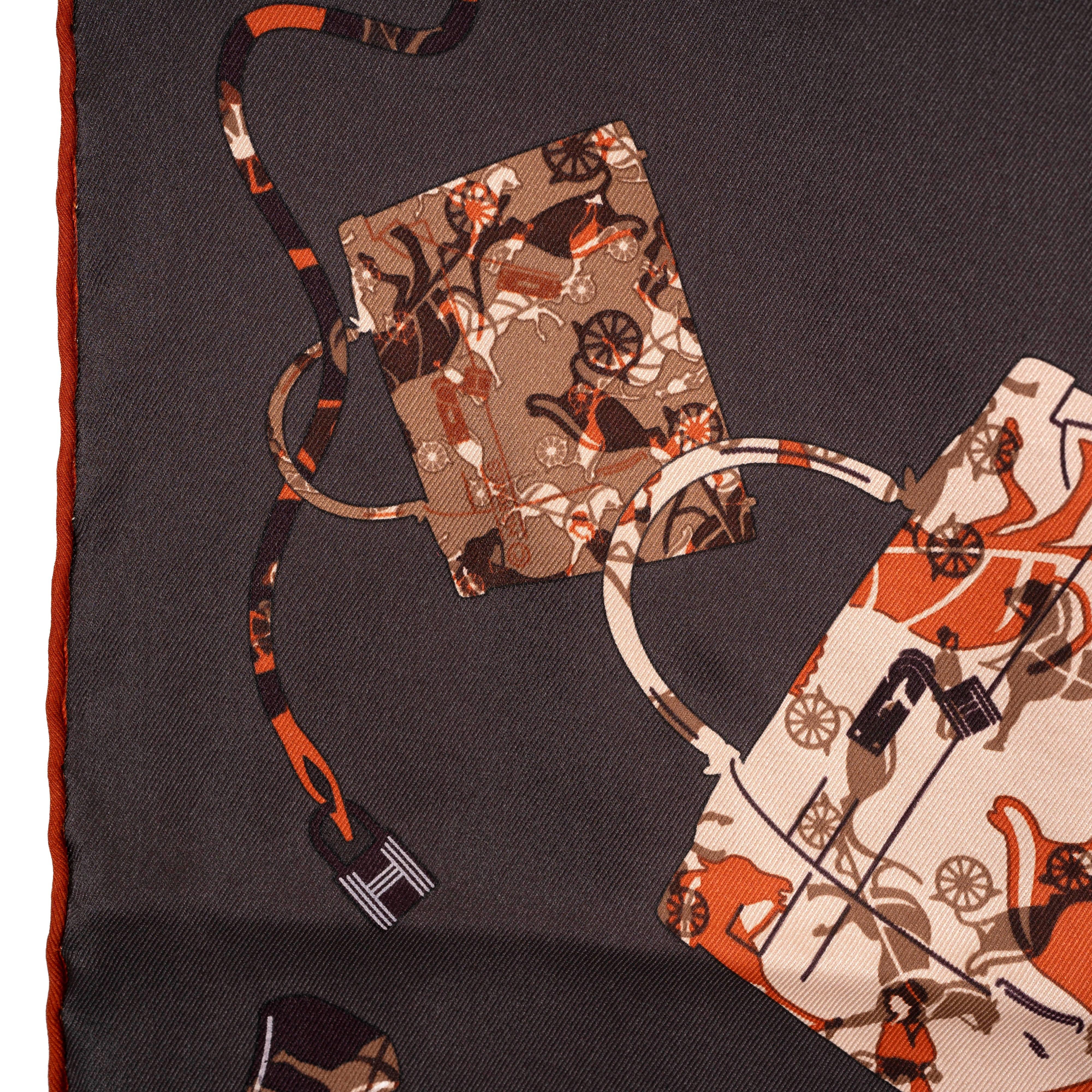Women's or Men's HERMES grey silk KELLY EN CALECHE 70 Scarf Antracite Brique Taupe For Sale