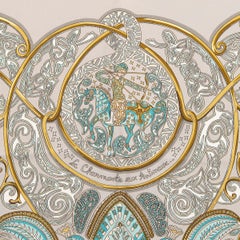 HERMES grey silk LA CHARMANTE AUX ANIMAUX 90 Twill Scarf Vert de Gris Kaki Turqu