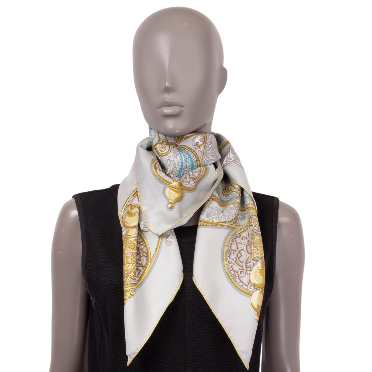 HERMES grey silk LA CHARMANTE AUX ANIMAUX 90 Twill Scarf Vert de Gris Kaki Turqu For Sale 2