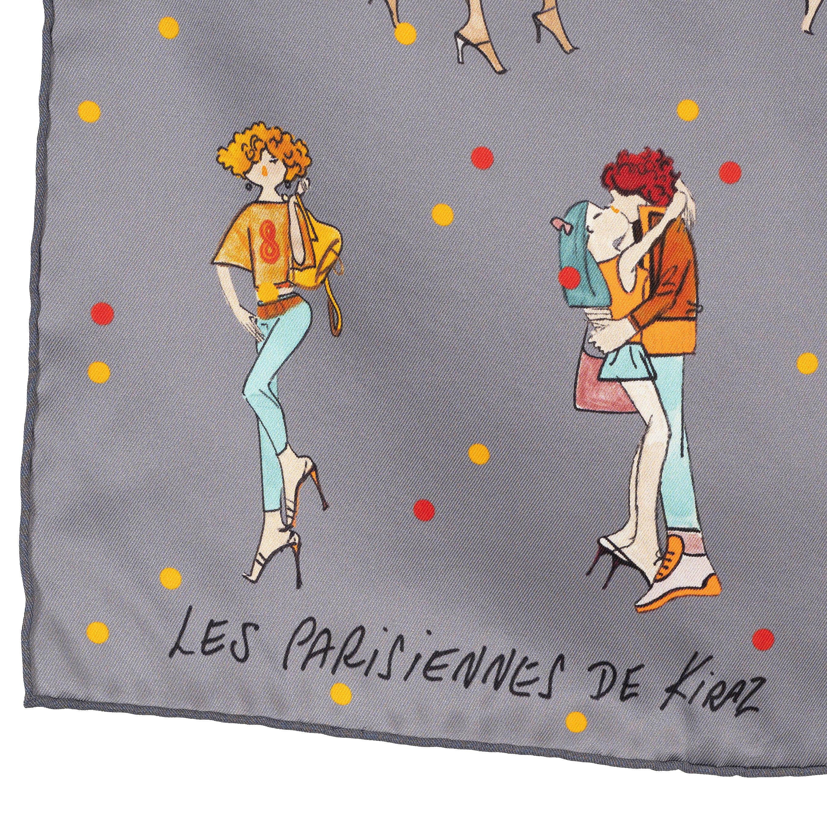 This 100% authentic Hermès Les Parisiennes scarf, designed by Edmond Kiraz, is crafted from grey vintage silk (100%) and features playful multicolor sketches of various Parisian women. Edmond Kiraz (born August 25, 1923) is a French-Armenian