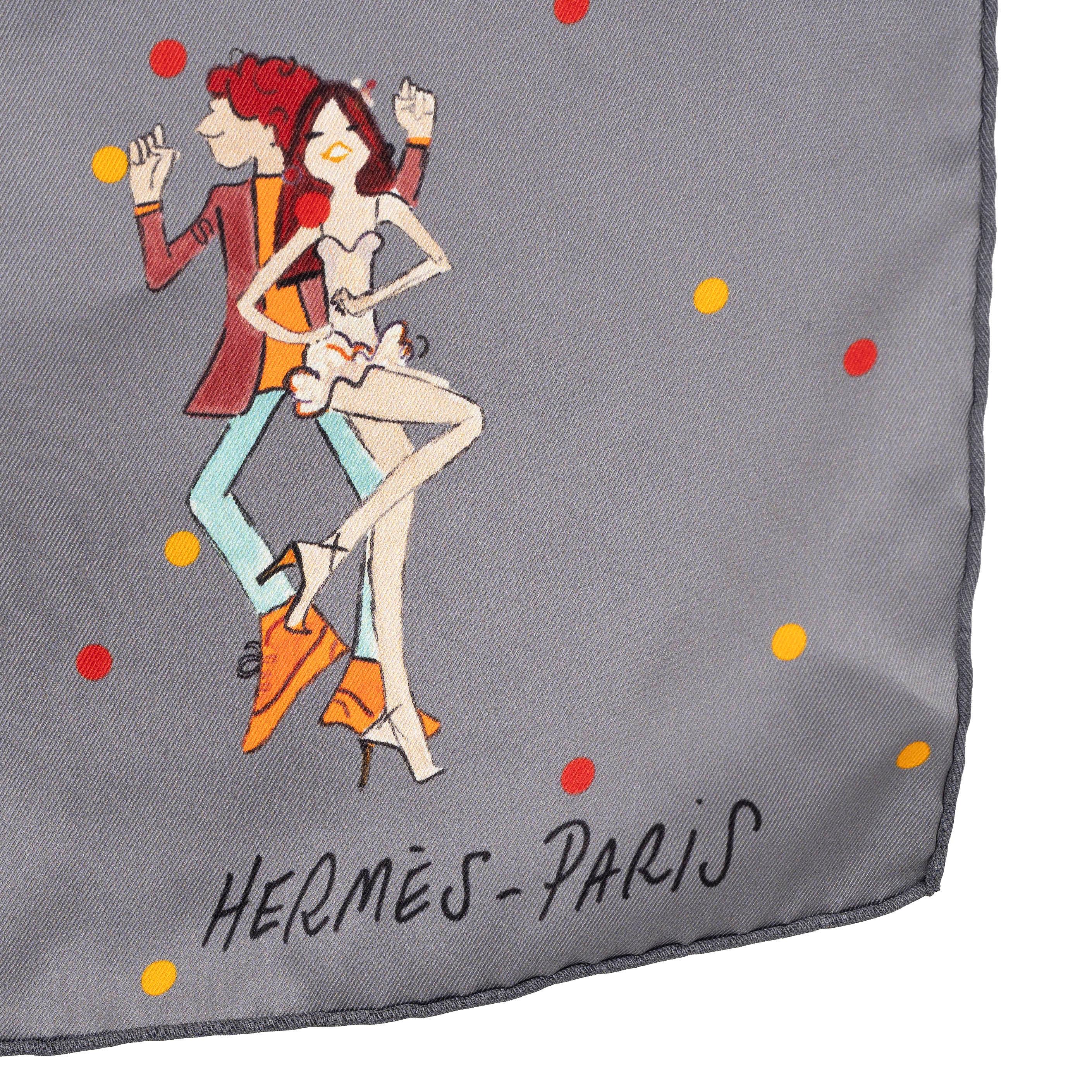 Gray HERMES grey silk LES PARISIENNES 70 Scarf Gris Cendre Coral Orange