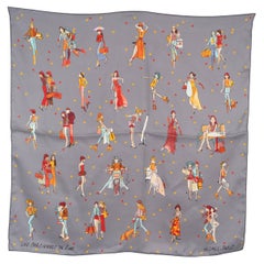 HERMES grey silk LES PARISIENNES 70 Scarf Gris Cendre Coral Orange