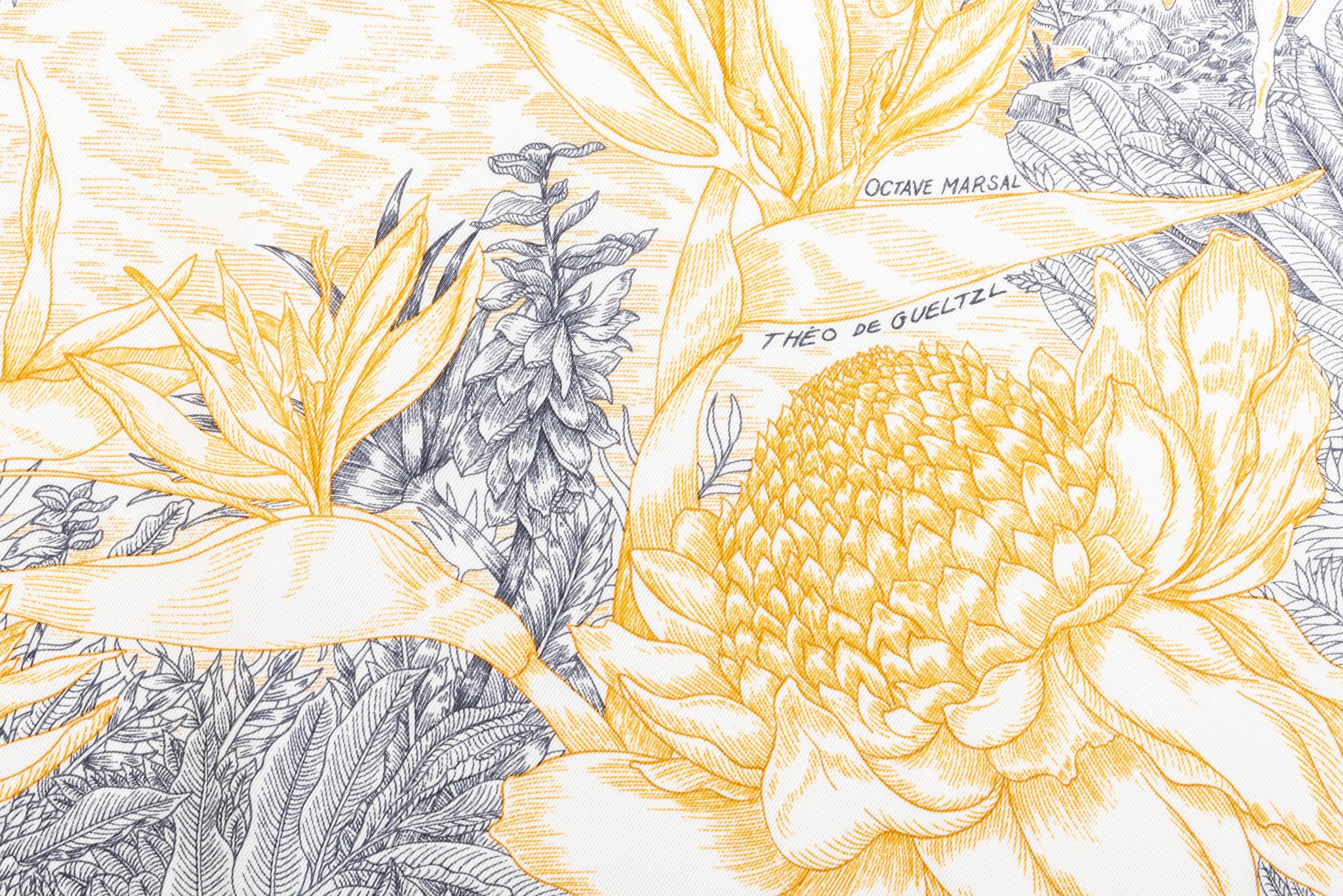 Hermès new Tropical Garden silk scarf. Yellow and grey color way. Hand rolled edges. Comes with original box.