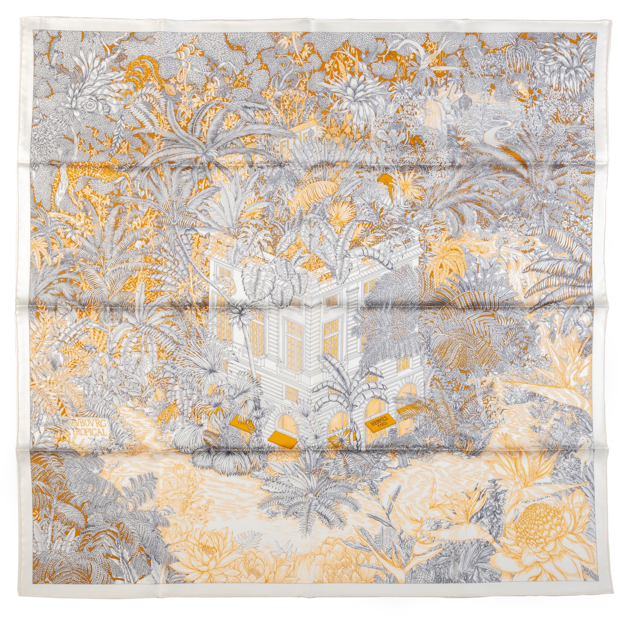 Sciarpa in seta Hermès Grigio Giardino Tropicale in vendita 1