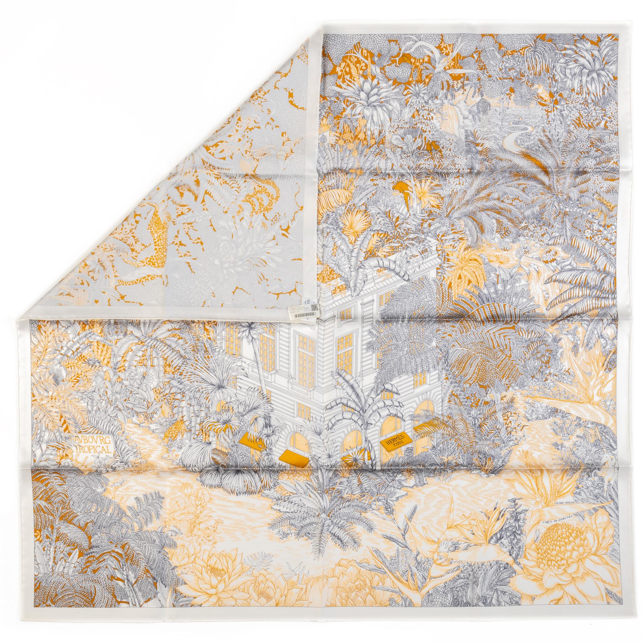 Sciarpa in seta Hermès Grigio Giardino Tropicale in vendita 3