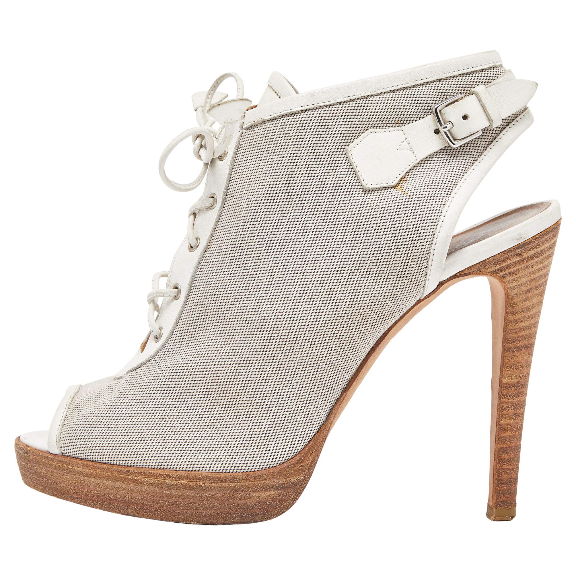Hermes Grey/White Canvas and Leather Peep Toe Lace Up Slingback Booties Size 39 For Sale