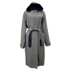 Hermes Grey Wool Cashmere Hooded Belted Coat