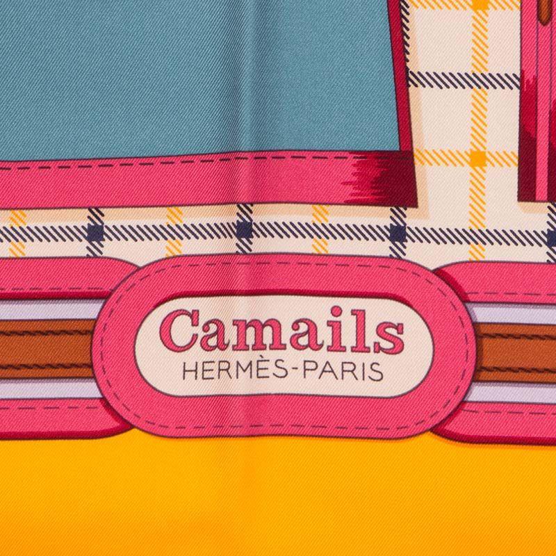 Hermes 'Camails 90' scarf designed by Francoise De La Perriere in mango yellow, smokey pink, light grey, smokey seafoam, off-white, brown and tangelo Silk Twill (100%). Has been worn and is in excellent condition.

Width 90cm (35.1in)
Height 90cm