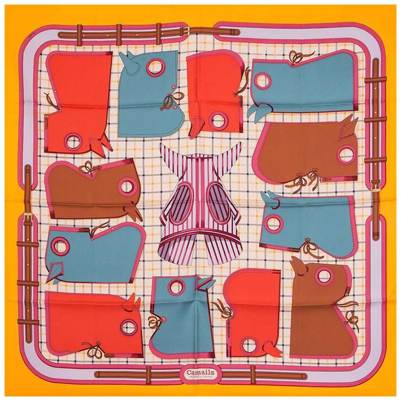 Hermes grey yellow red blue CAMAILS 90 silk twill Scarf