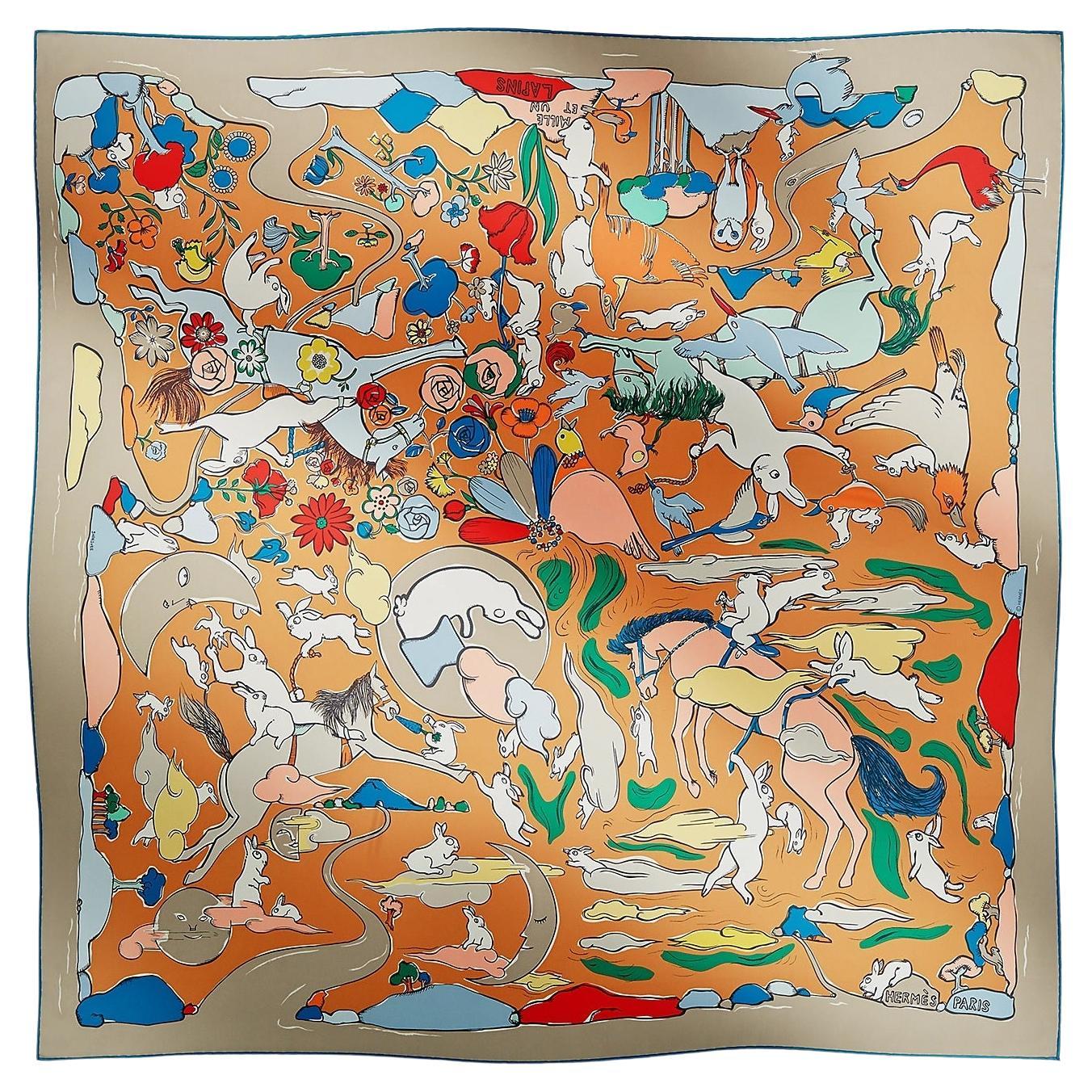 Hermes Gris Clair / Beige Doré / Multicolore Mille et Un Lapins