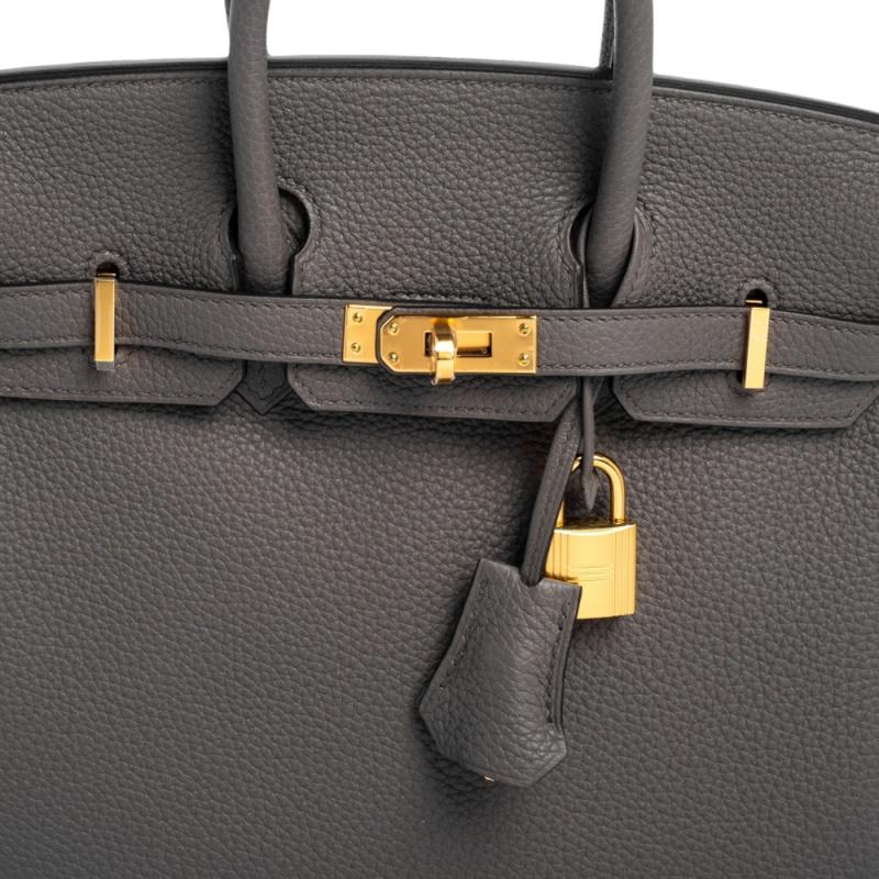 Hermes Gris Etain Togo Leather Gold Plated Birkin 25 Bag 3