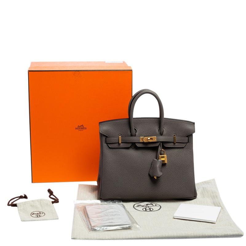 Hermes Gris Etain Togo Leather Gold Plated Birkin 25 Bag 6