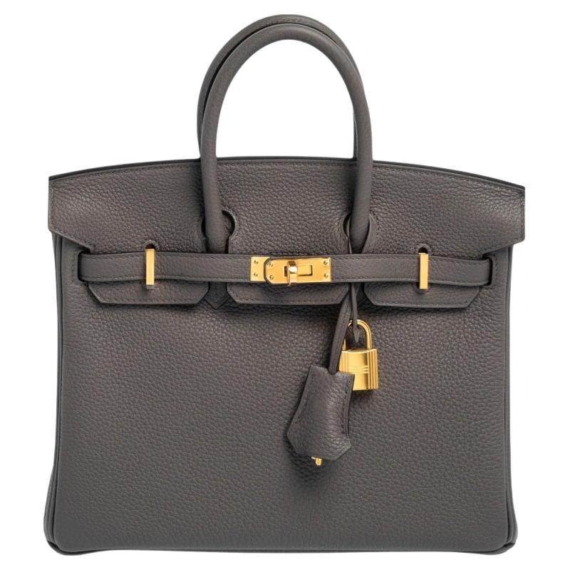 Hermes Gris Etain Togo Leather Gold Plated Birkin 25 Bag