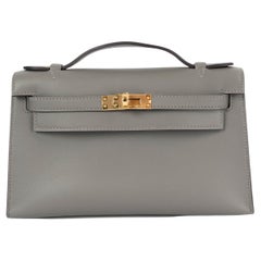HERMES Gris Meyer gray Swift leather KELLY POCHETTE Clutch Bag w Gold