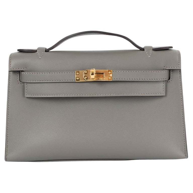 HERMES Gris Meyer gray Swift leather KELLY POCHETTE Clutch Bag w